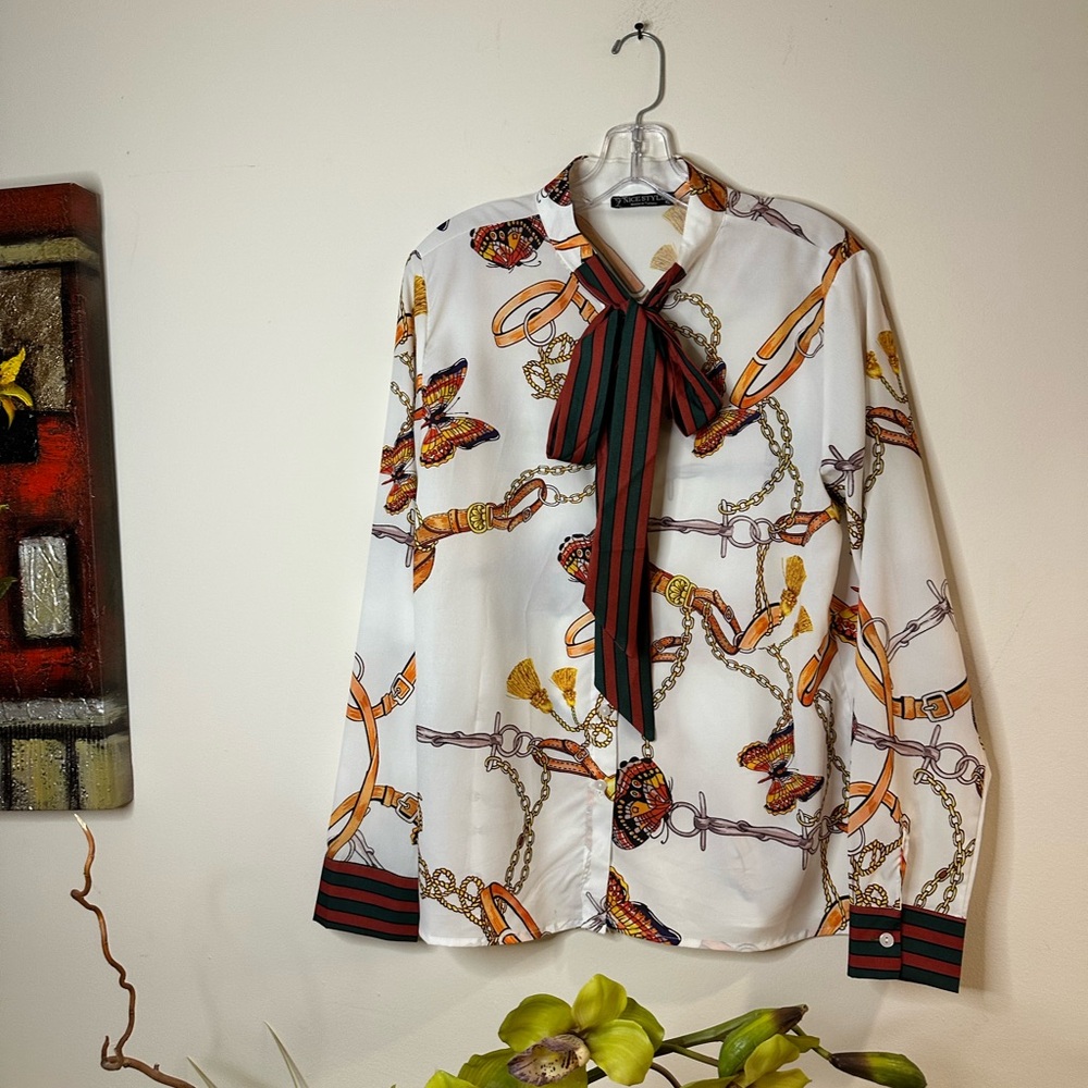 T103- White and Black Long Sleeve Blouse with Tie Front